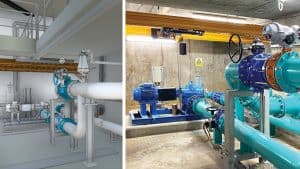 Refurbished pumping station: (left) 3D model - Courtesy of TES Group and (right) pumping station layout - Courtesy of Essex & Suffolk Water