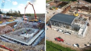 (left) Concrete pour for pumping station base and (right) the pumping station superstructure and tank bases construction - Courtesy of Farrans Construction